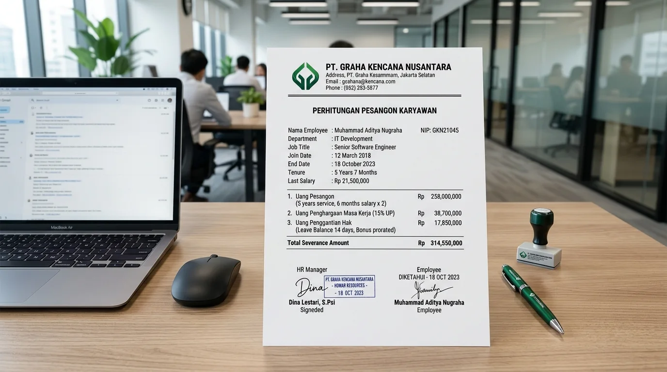 Contoh Format Cetak Slip Rincian Pesangon A4 Resmi Ber-Kop Surat Perusahaan